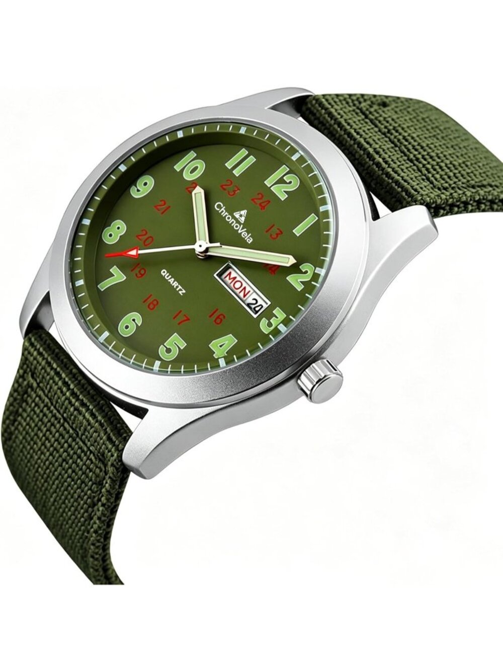 Men's Green Military Dial Durable Nylon Strap Date Display Casual Wrist Watches - Picture 2 of 6